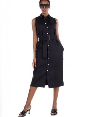 Polo Ralph Lauren Kingsley Black Linen Midi Shirtdress Sleeveless Pockets Sz 12